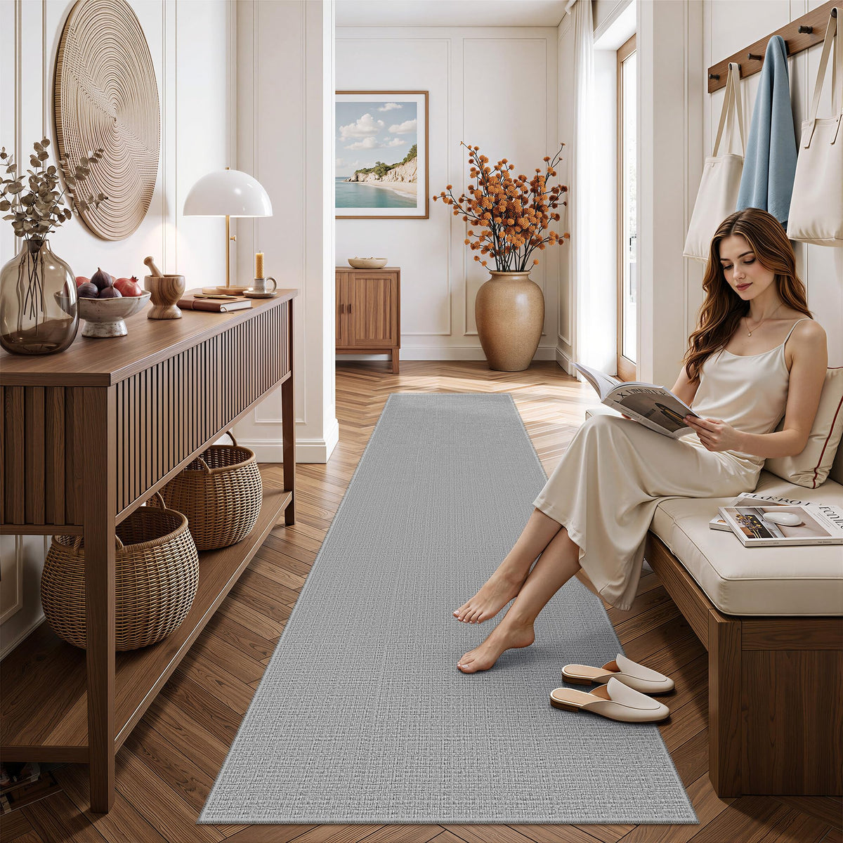 Runner Rug Non Slip, High-Low Pile Hallway Runners, Grey