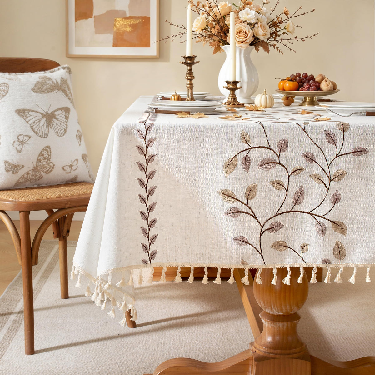 Fall Coffee Leaf Embroidered Rectangle Tablecloth Tassels 55"×120"