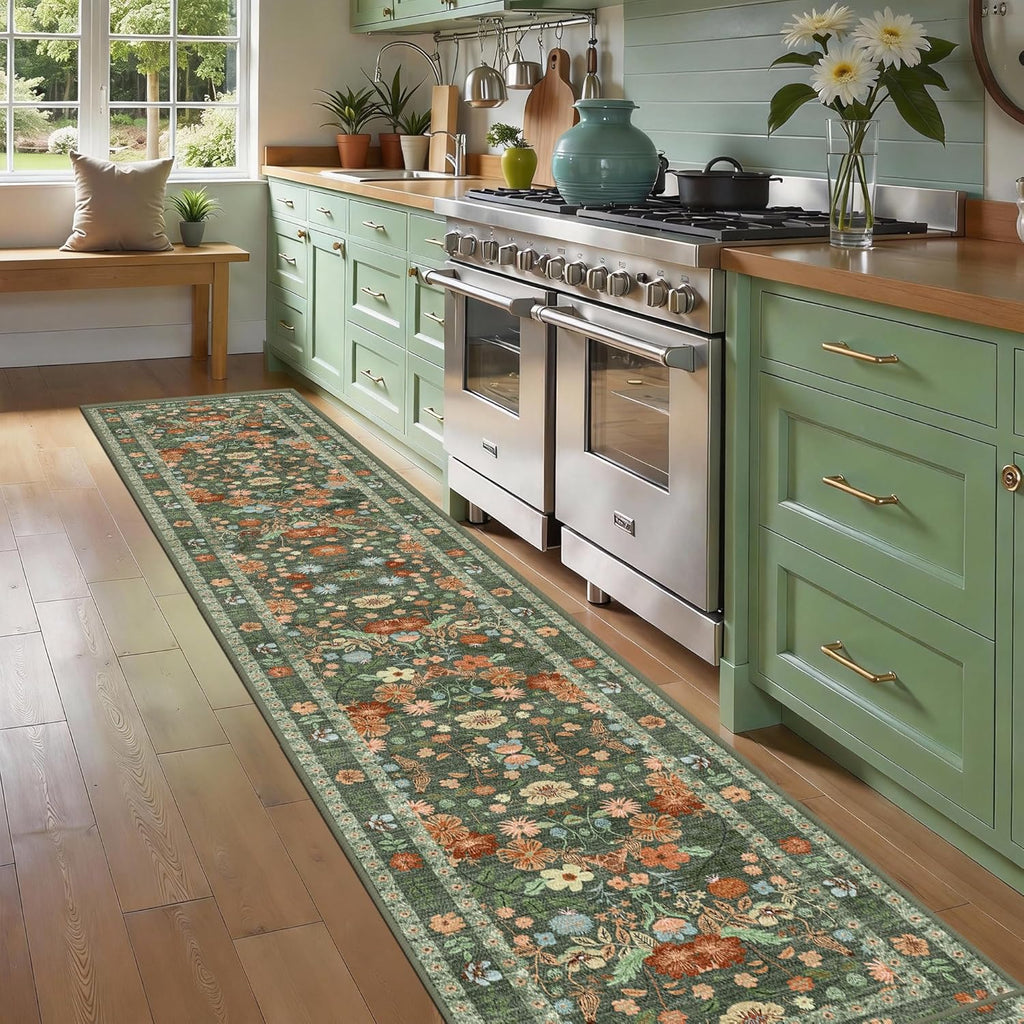 2x10 Extra Long Hallway Runner - Green Boho Washable Rug with Non-Slip Backing, Vintage Floral Low Pile Carpet