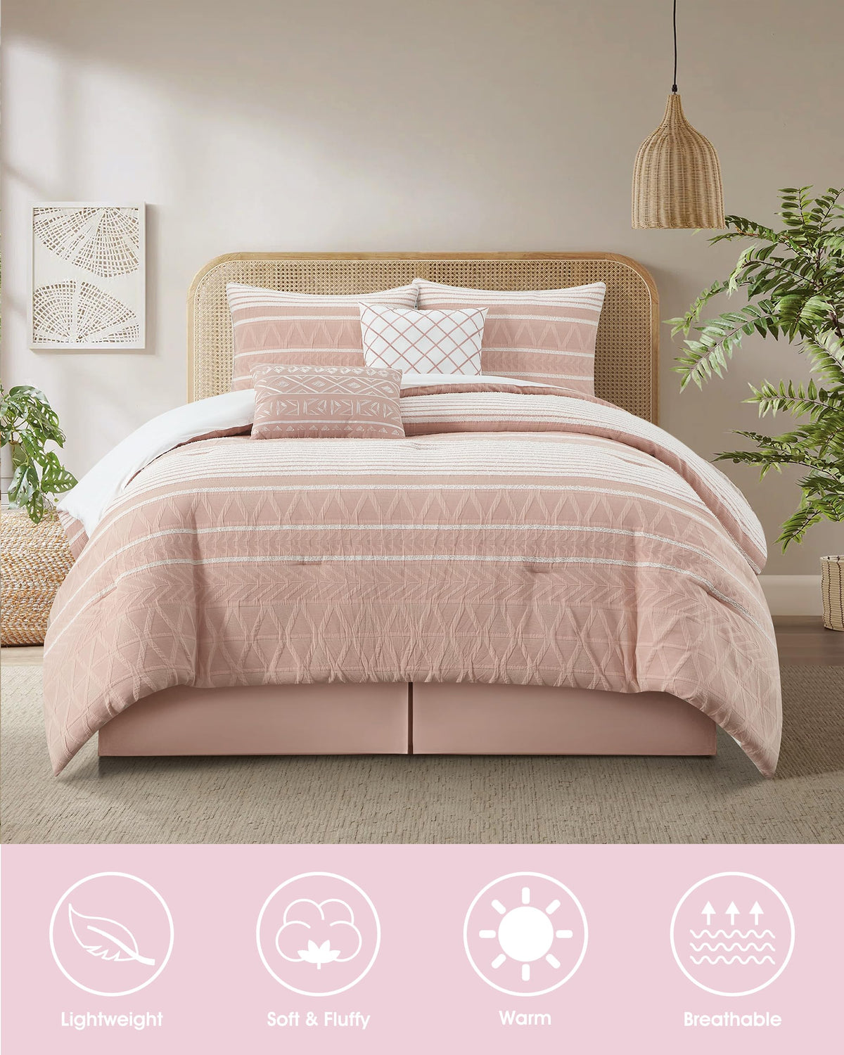 Comforter Set, Gorgeous Geometric Jacquard, Blush Soft Lightweight Bedding Set for All Seasons, Bedskirt, Pillow