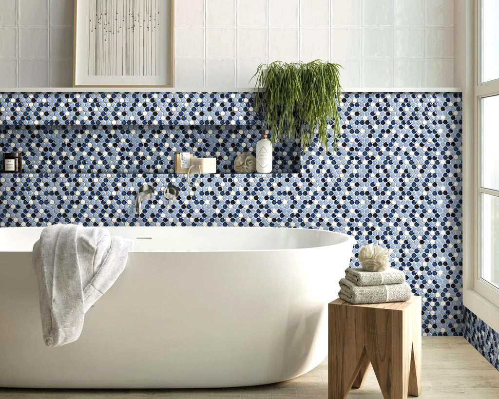Penny Round Tile Navy Blue White Mosaic Tiles Wall Backsplash, Bathroom Floor, Accent Wall (Case of 5)
