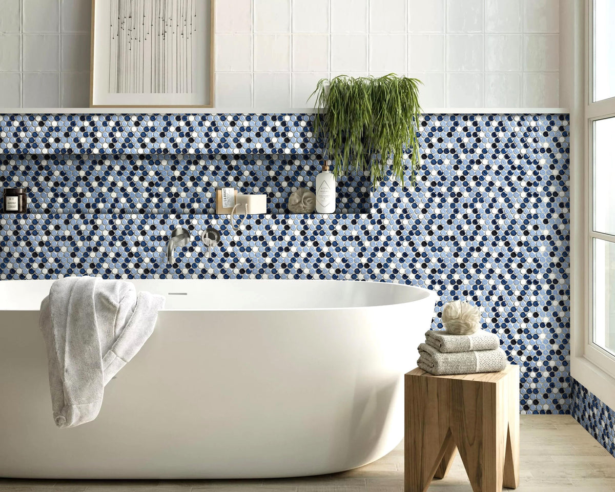 Penny Round Tile Navy Blue White Mosaic Tiles Wall Backsplash, Bathroom Floor, Accent Wall (Case of 5)
