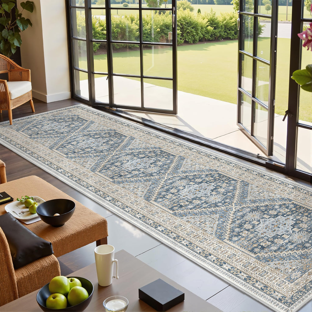Hallway Runner Rug 2x12 Extra Long Washable Runner, Blue/Beige