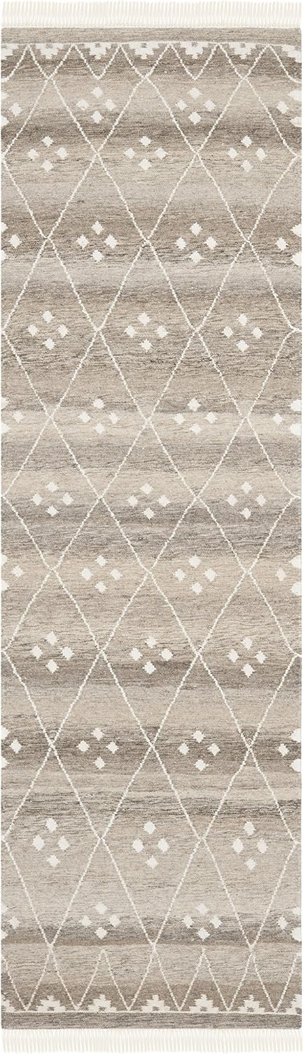 Natural Kilim Collection Runner Rug, Natural & Ivory, Handmade Moroccan Boho Tribal Wool & Viscose, Ideal