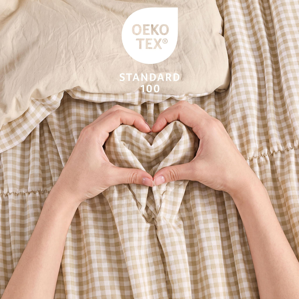 Tan Gingham Comforter Sets - 3 Pieces Ruched Bedding