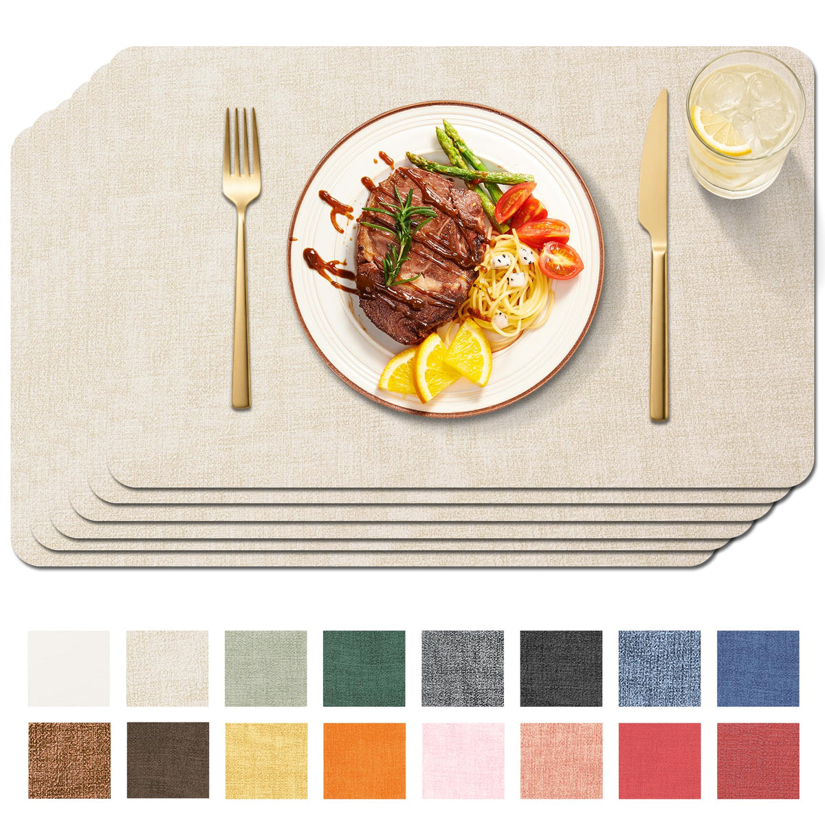 Faux Leather Placemats Set of 6, Easy to Clean, Beige