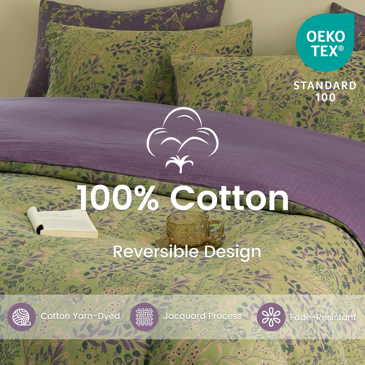 100% Cotton Muslin Duvet Cover Set Queen, 3 Pcs Yarn-Dyed Jacquard Textured Reversible Floral Design, Soft and