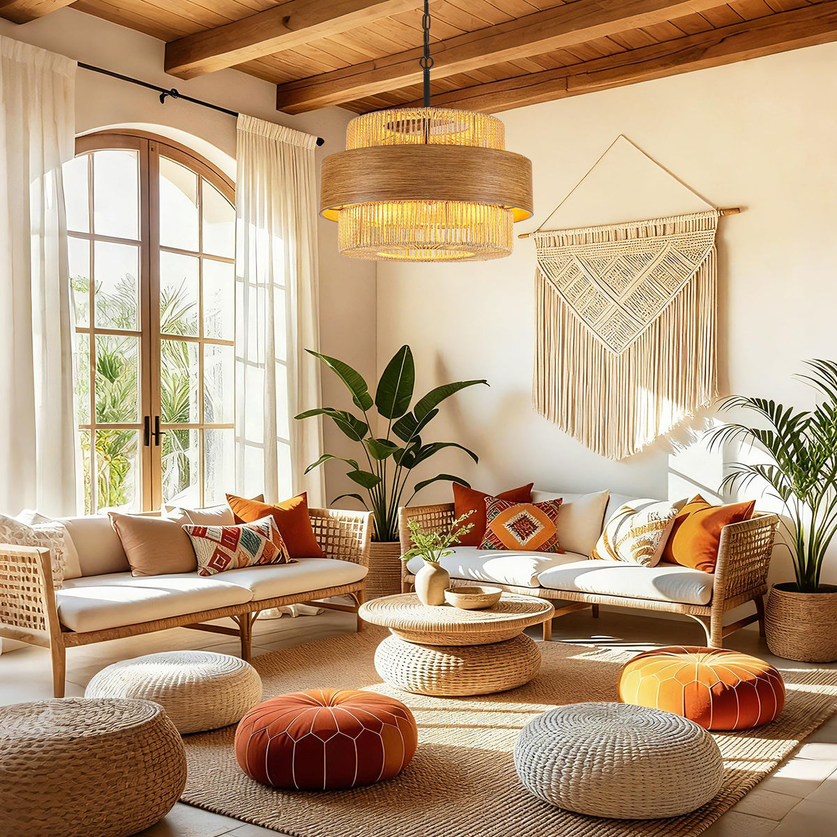 Rattan Chandelier, 5 Lights 19.68" Hand Woven Drum Boho Rattan Light Fixture