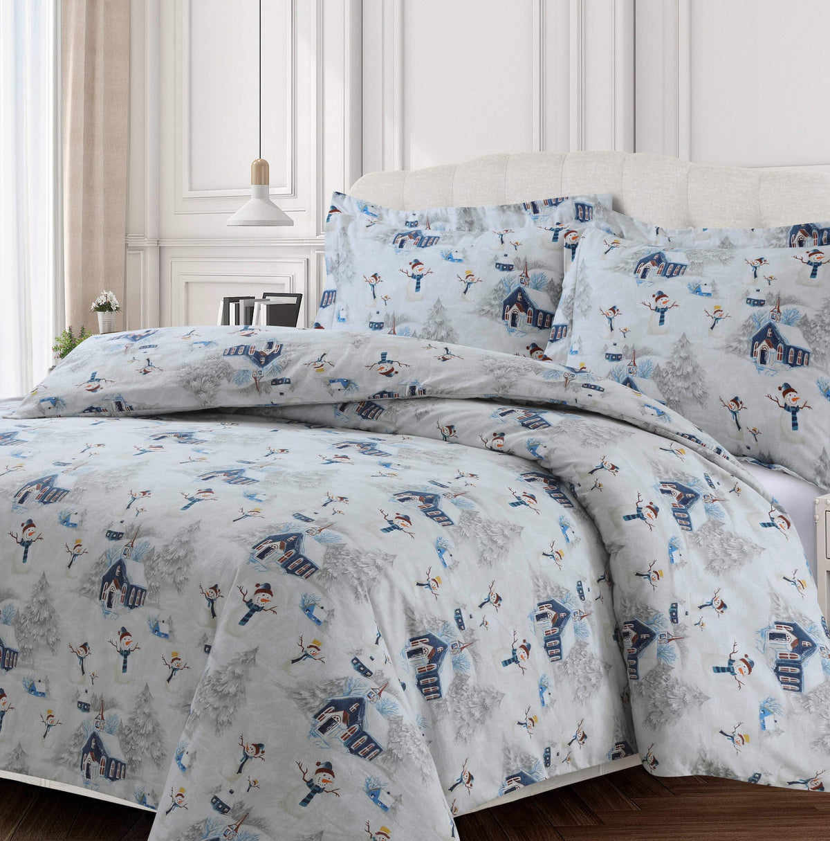 Cotton Flannel Duvet Cover Set - Oversized, Ayana Floral, 170 GSM, 3-Piece Luxury Bedding, Snowman Navy Red