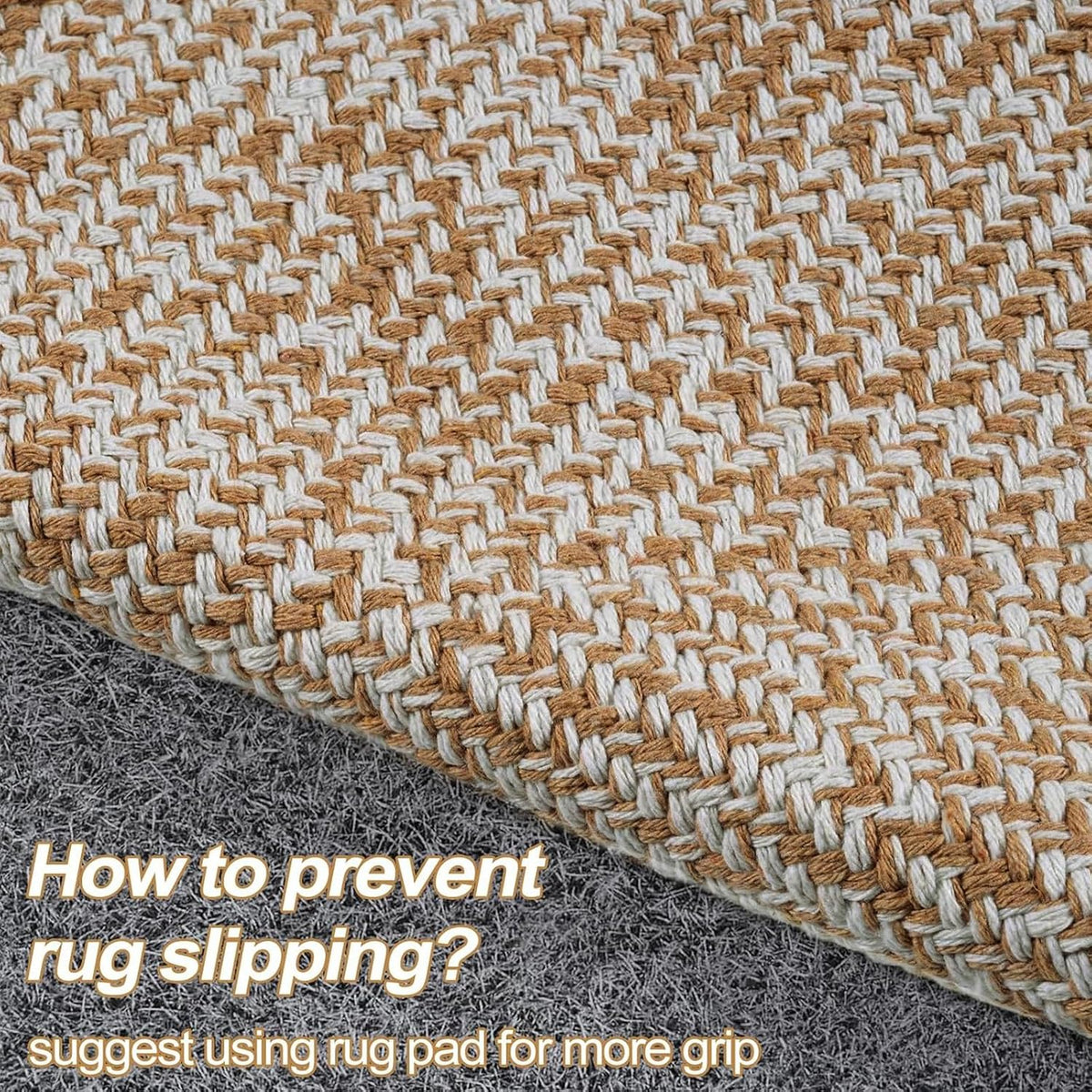 Boho Living Room Rugs, Washable Woven Cotton Modern Bedroom Rugs | Farmhouse Tan Braided Floor Carpet Rug Room