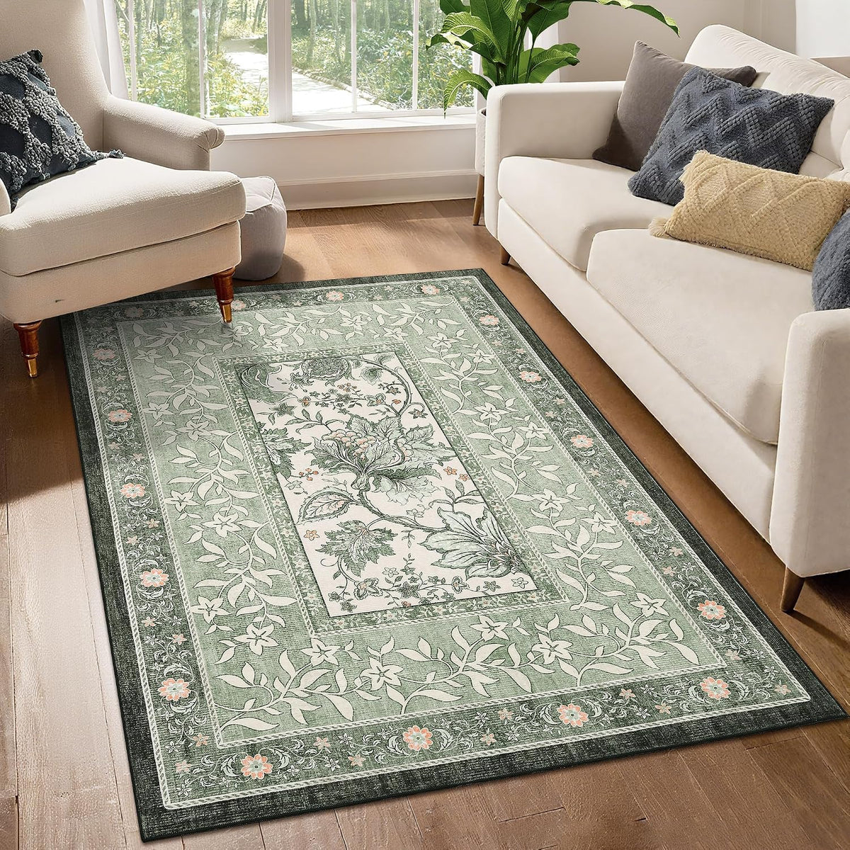Provence Area Rugs, Botanical Grove Sage Green Vintage Cottagecore Non-Slip Washable Rug Bedroom Nursery Kitchen