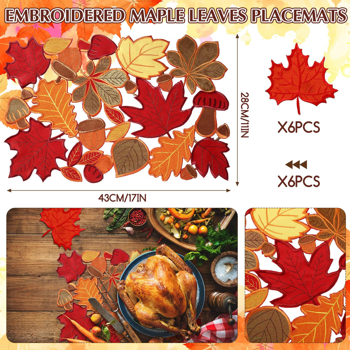 12 Pcs Fall Thanksgiving Placemats and Coaster Set of 6, 11 x 17 in
