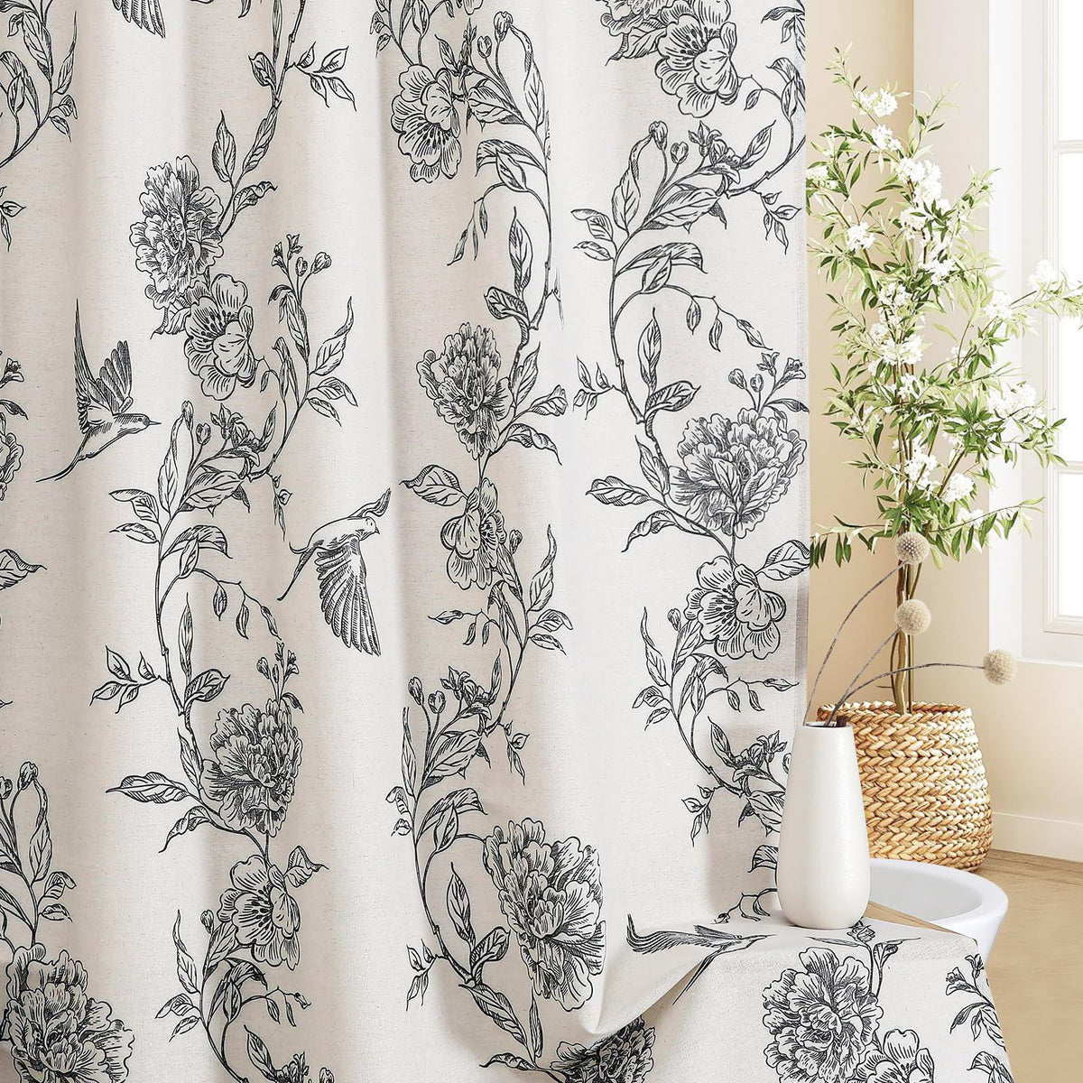 Black Cotton Boho Hummingbird Shower Curtains, 72 x 72