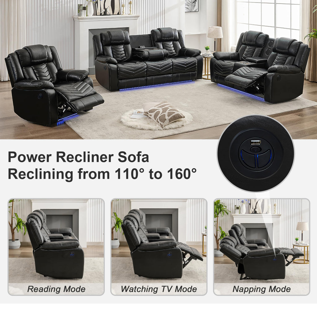 Power Recliner Sofa Set with Zero Gravity, Bass Speaker, Wireless Charger, USB/Type-C Ports, LED Lights, Cup Holders, Faux