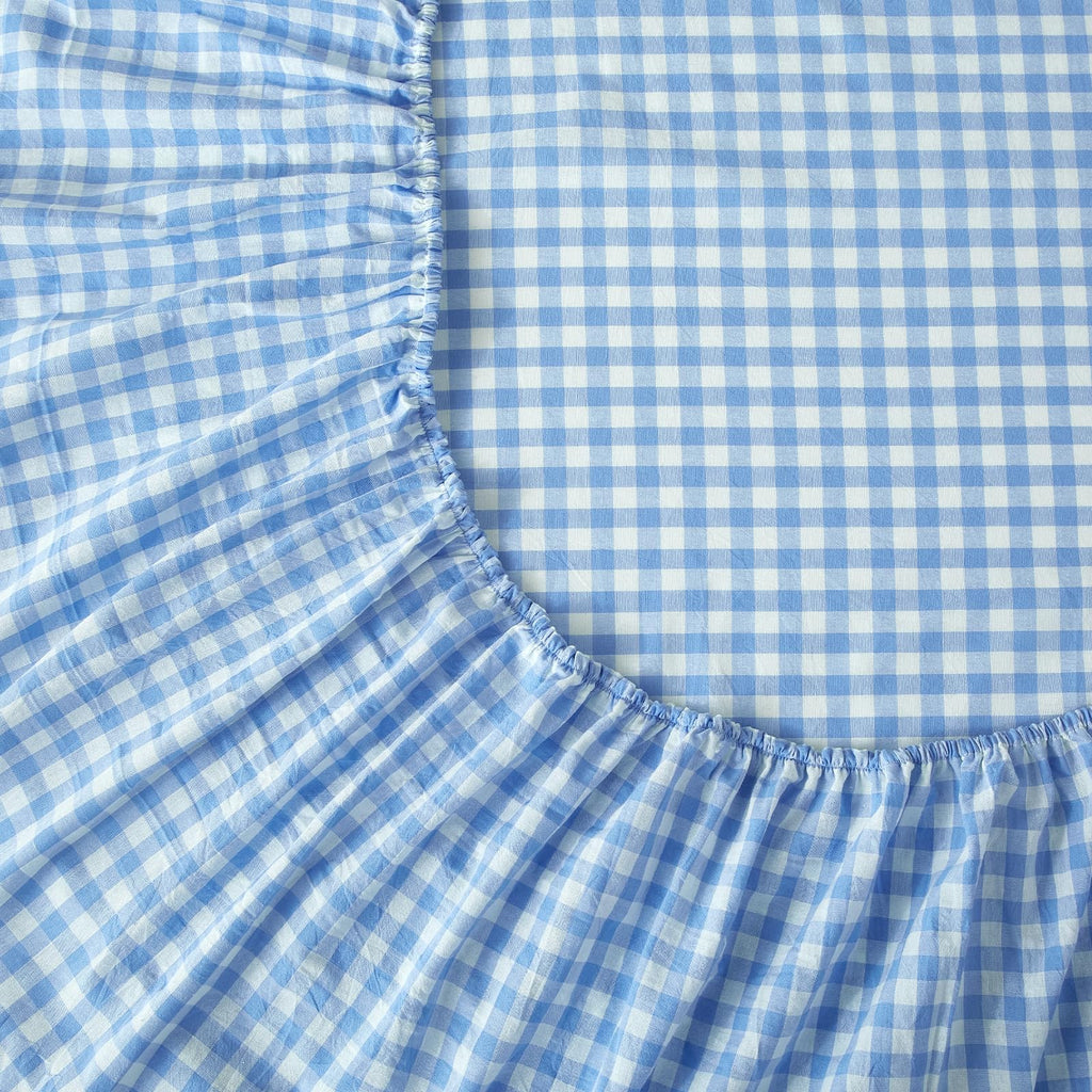 Blue Gingham Sheets Set, 100% Washed Cotton Blue Plaid Bed Sheets, Breathable Comfy Vintage Checkered