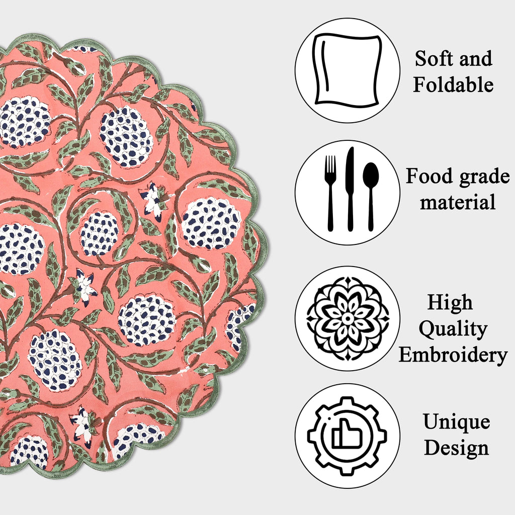 Floral Block Print Round Placemats 15 in, Set of 4, Dark Salmon Pink