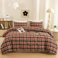 Cotton 3 Pcs Duvet Cover Set Linen Feel Red & Brown Plaid King