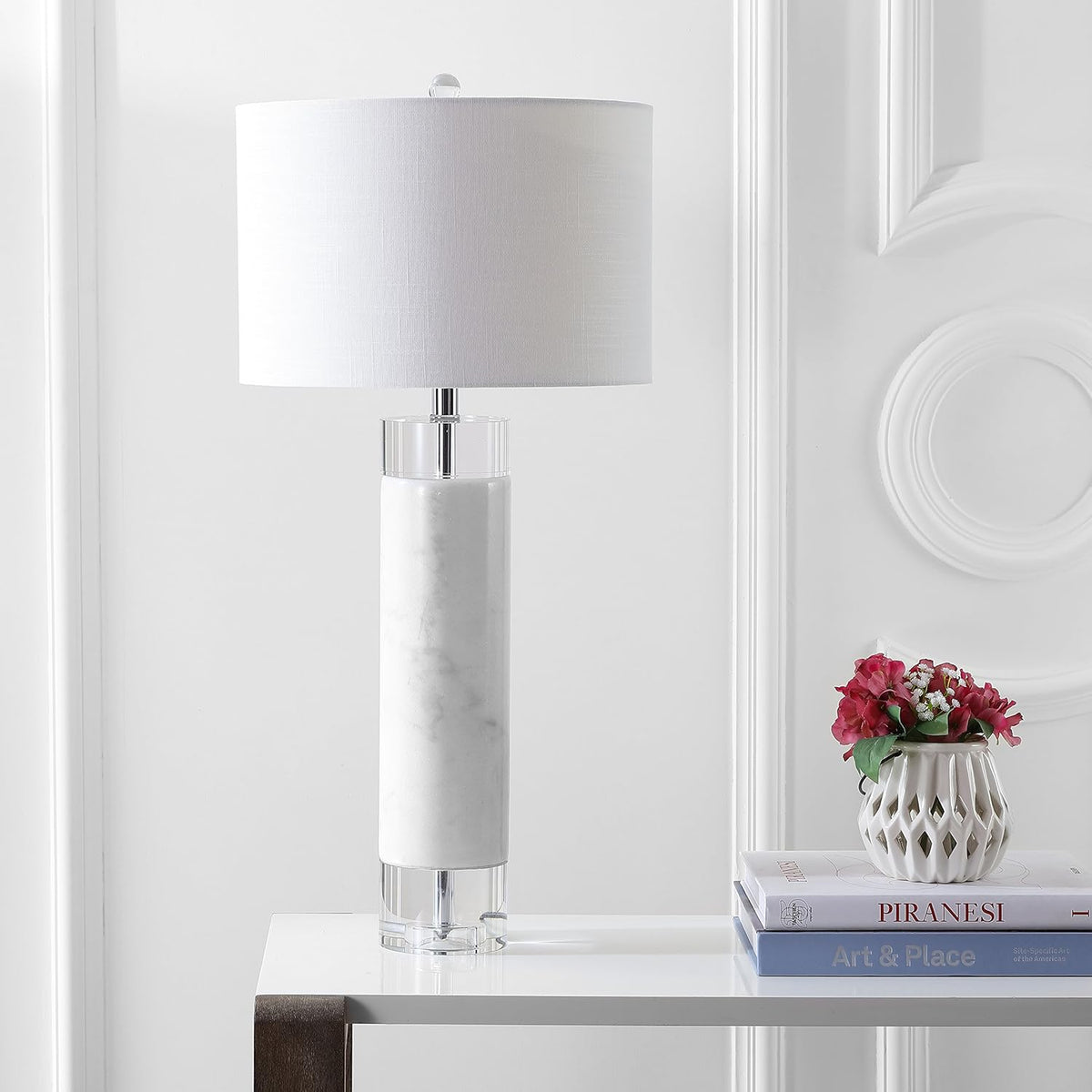 32" White Marble and Crystal LED Table Lamp, Modern Contemporary Cylindrical Column Bedside Lamp Bedroom