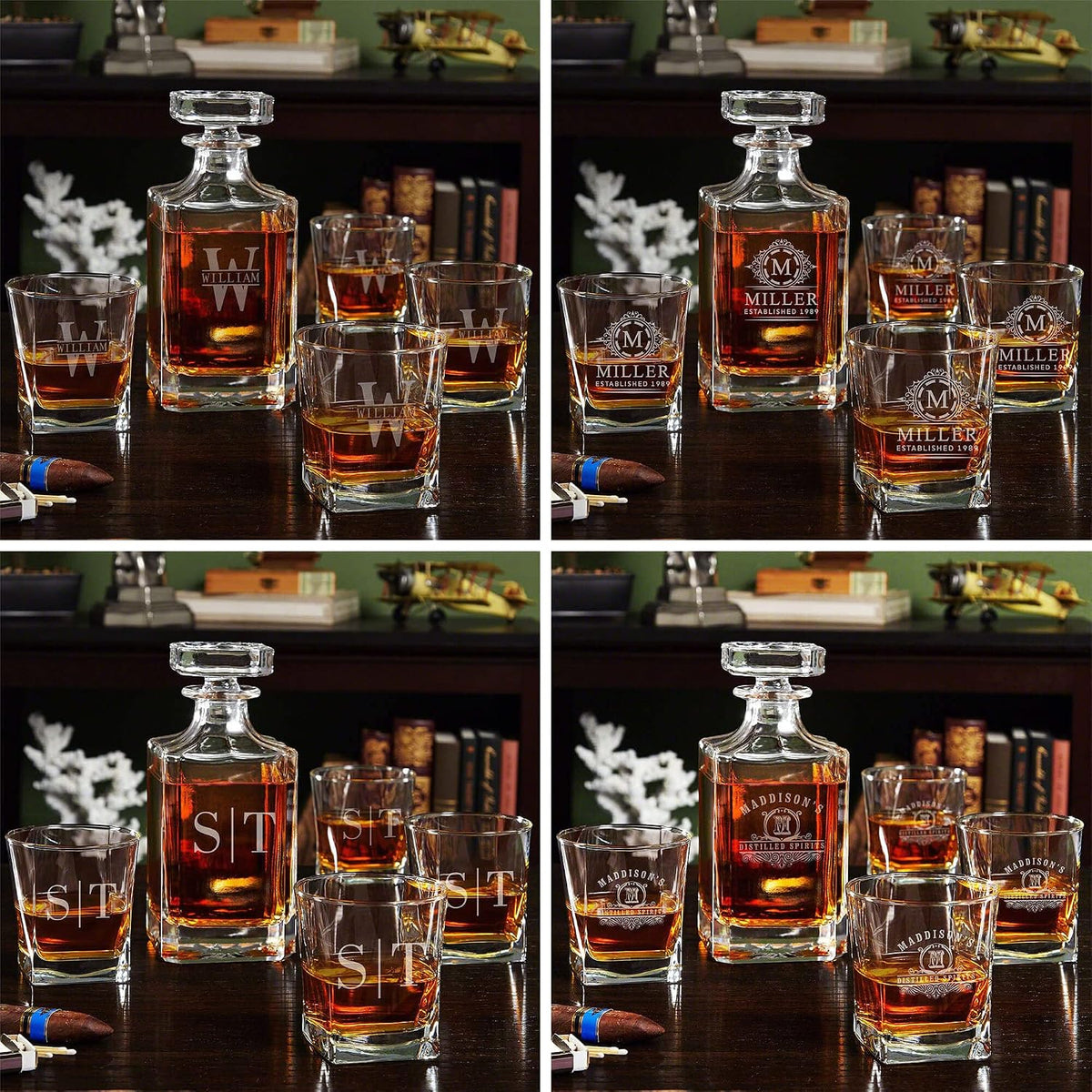 Personalized Whiskey Decanter Set with Wooden Gift Box - Set of 6