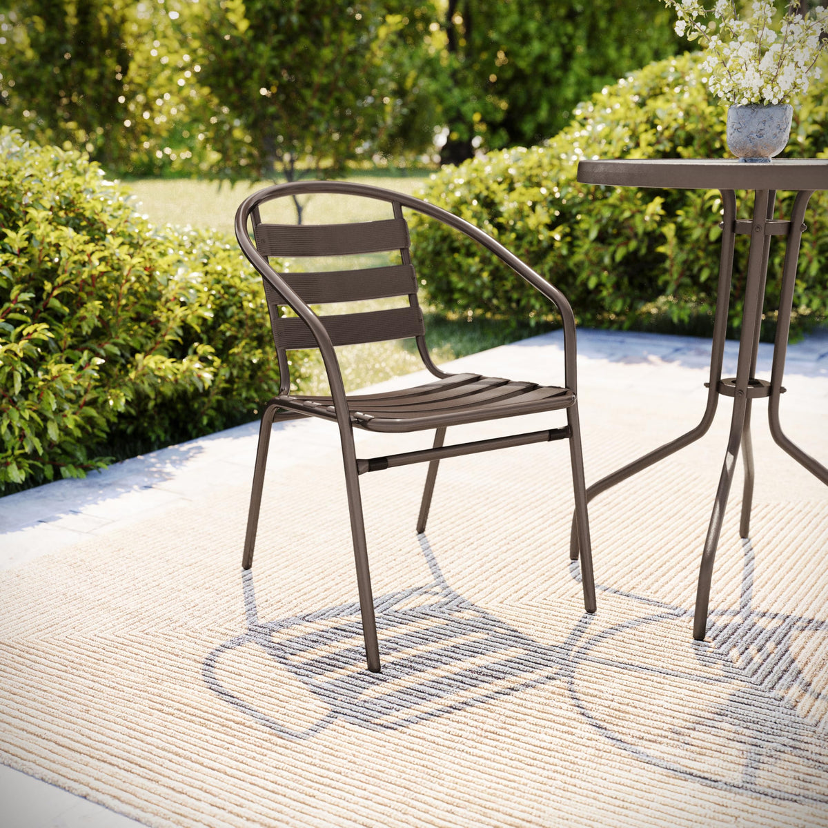 Lila Bronze Metal Restaurant Stack Chair with Metal Slats