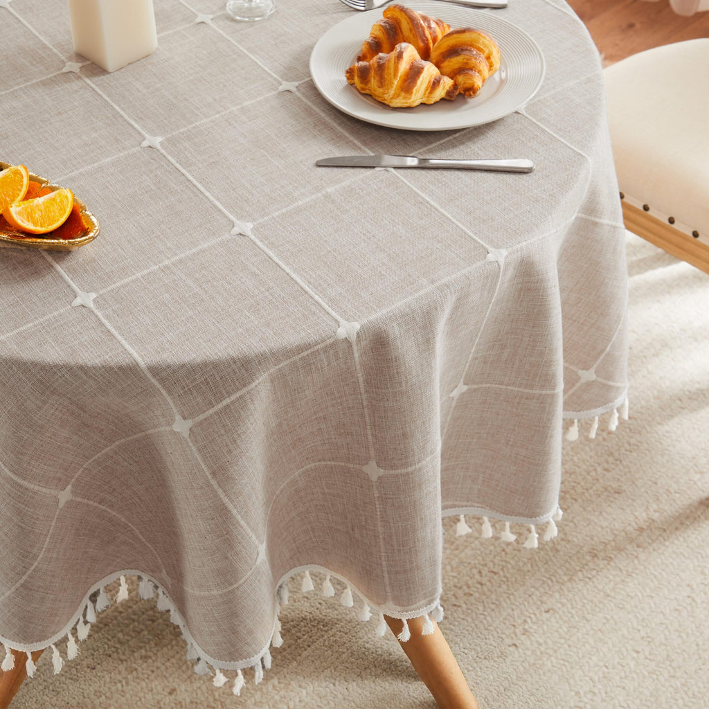 Boho Round Grid Tablecloth with Tassels, Taupe 60in
