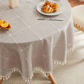 Boho Round Grid Tablecloth with Tassels, Taupe 60in
