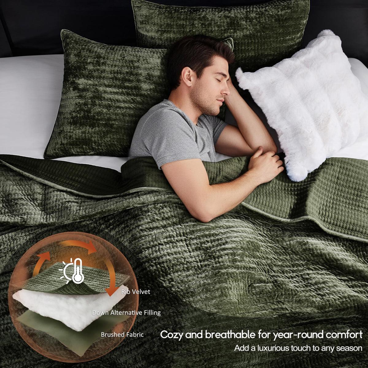 Velvet California Oversized Quilt Set - Olive Green Striped Pick Stitch Soft Lightweight Bedspread