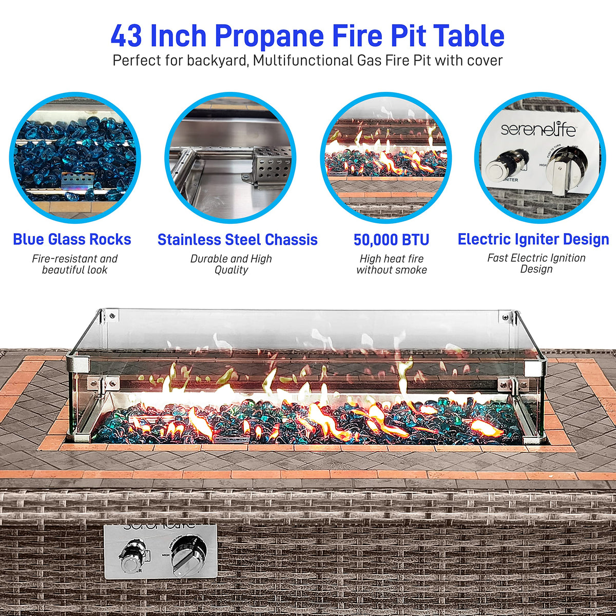 Outdoor Propane Fire Pit Table- 50, 000 BTU Auto-Ignition Gas Fire Pit w/Glass Wind Guard, Mosaic Tabletop with