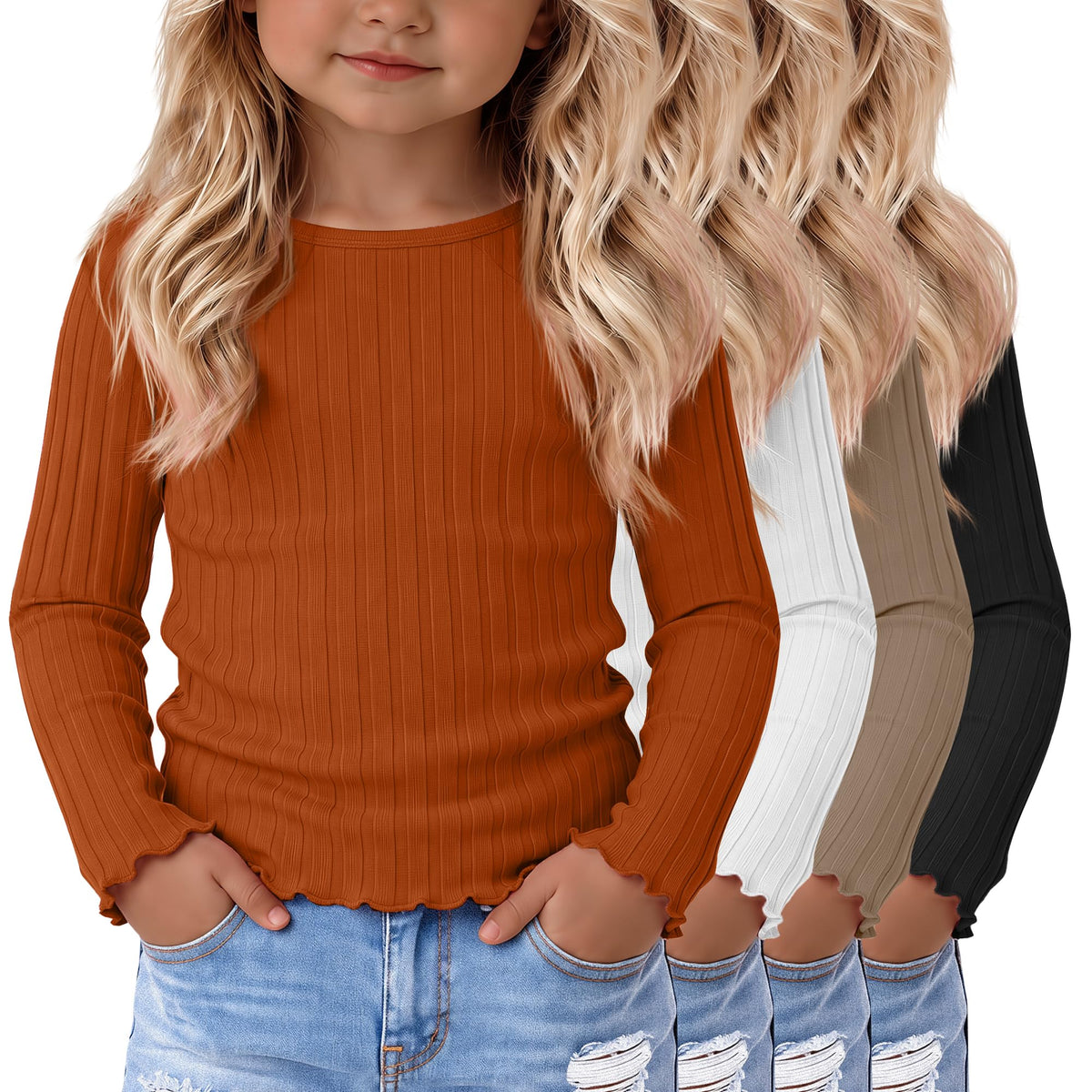 4 Pack Toddler Girls' Long Sleeve Shirts Cotton Tops 4Color