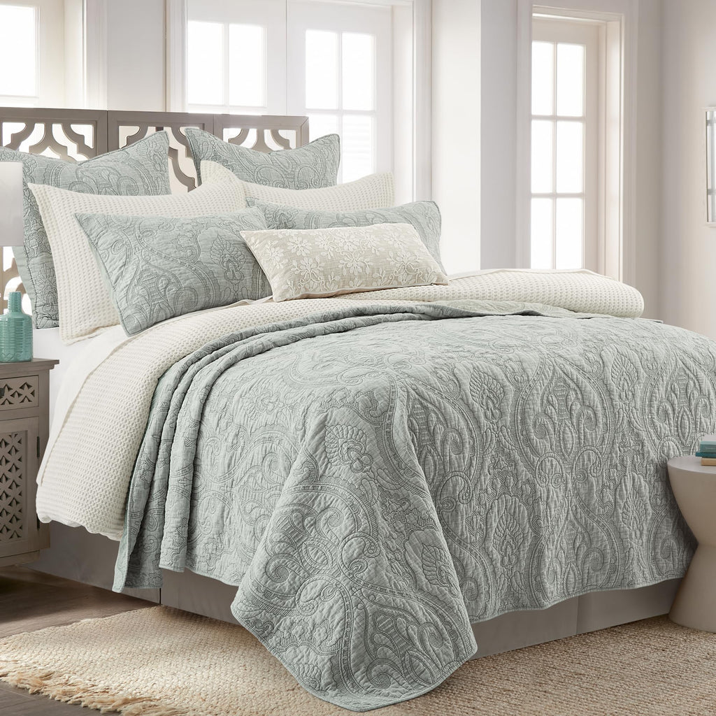 Helena Sage Quilt Set - Quilt (88x92in.) and 2 Standard Shams (20x26in.) - Ornate Paisley Medallion - Sage