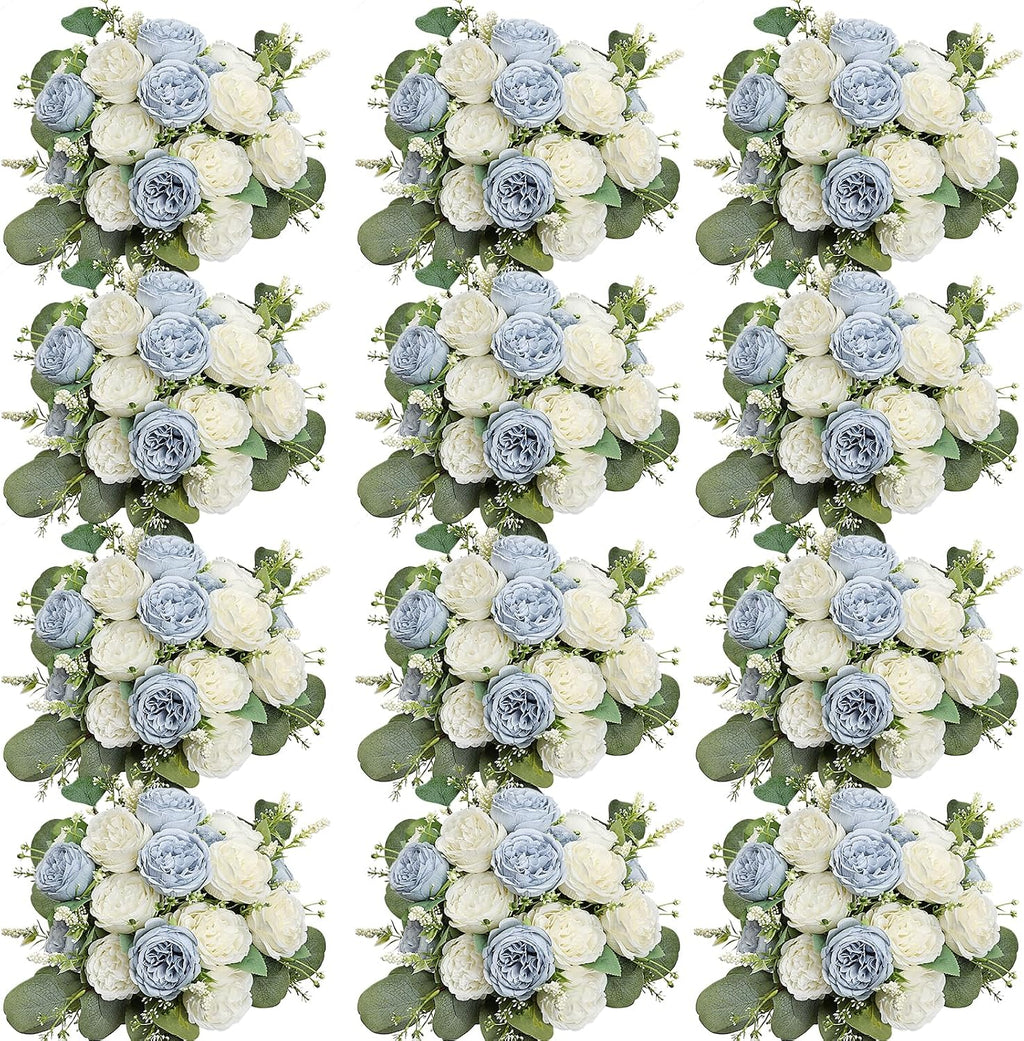 Peonies Artificial Flowers Bulk, 12 Bundles Fake Silk Peonies Faux Eucalyptus Bouquet Realistic Peony Floral