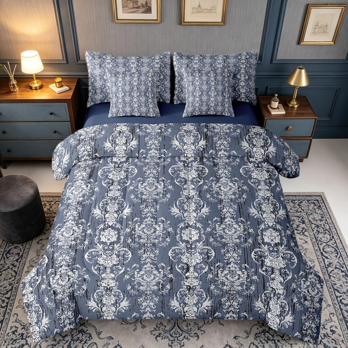 Damask Twin Comforter Set 7 Piece for Adults Women Men Gothic European Floral Bed in A Bag with Sheets Boho Baroque