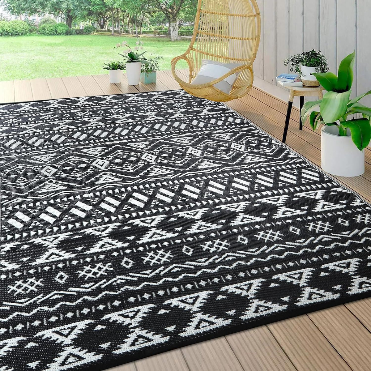 Outdoor Rugs 9'x12' s Clearance Waterproof Black&White 02#
