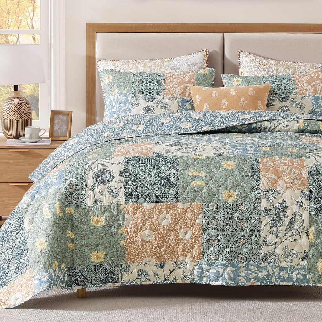 Quilt Set - 3 Pieces Patchwork Green Quilt Bedding Set, Lightweight Bedspread Coverlet, Reversible Floral