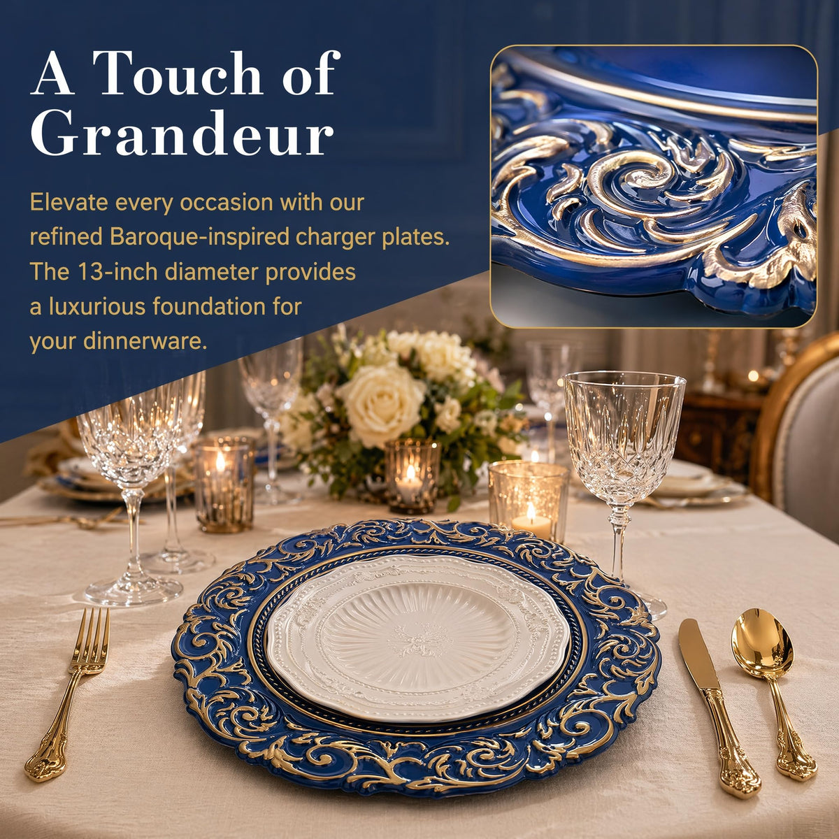 Antique Charger Plates with Gold Rim, 13 Inch Royal Blue Dinner Plate Chargers Round Server Ware, Set of 6 Plastic