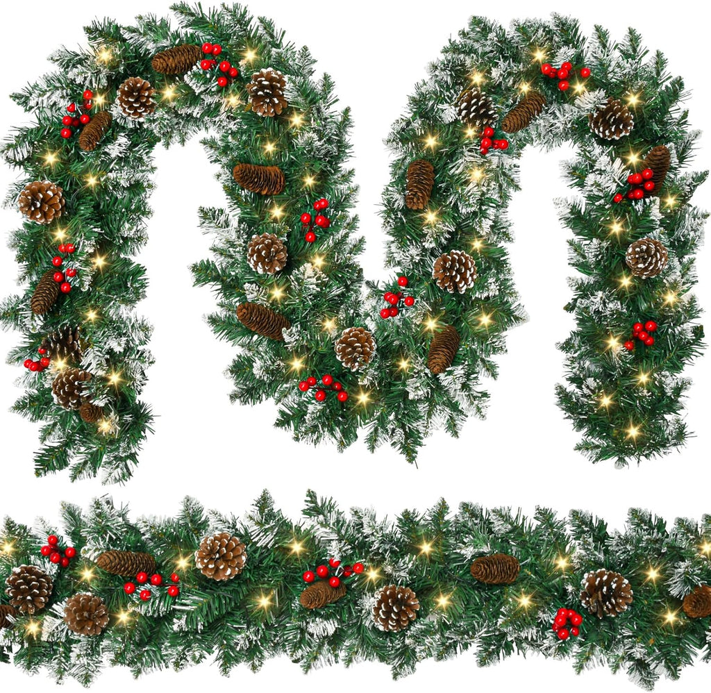9 FT Christmas Garland with Lights,Battery Operated Lighted Garland with Pine Cones Red Berries Lush Branches,50 LED