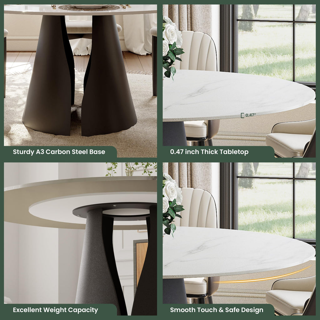 Inspired Saarinen Style 59" Modern Round Dining Table, Marble Round Dining Room Table for 6, Matte White Sintered Stone Tabletop with Black