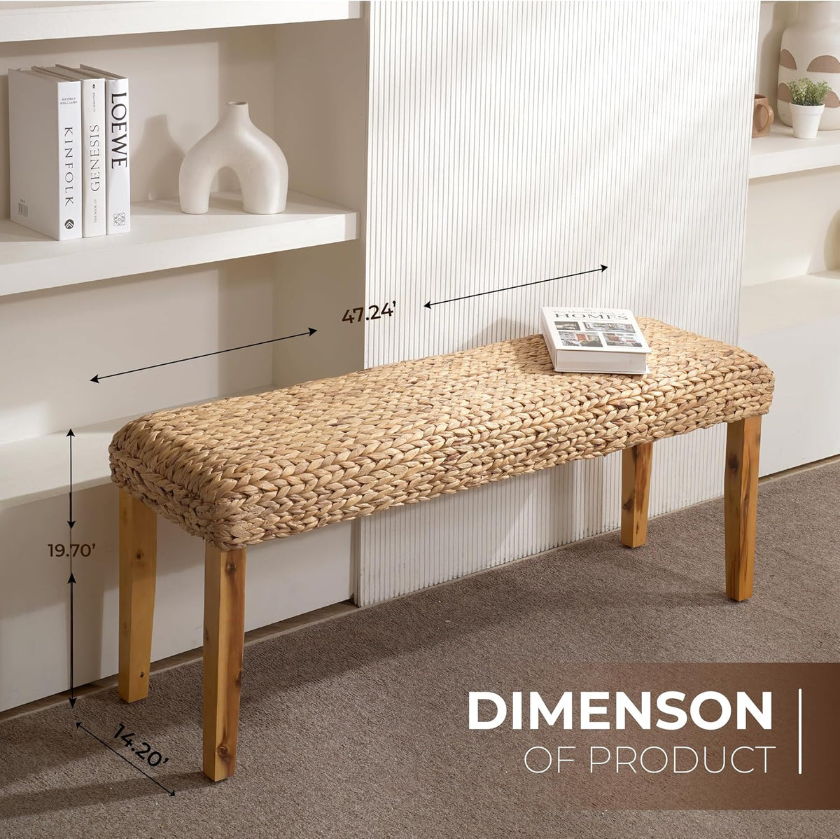 Solid Wood Acacia Indoor Bench, 47 Inch Water Hyacinth Seat, Fishbone Style | Natural Woven Seat, Living Room or
