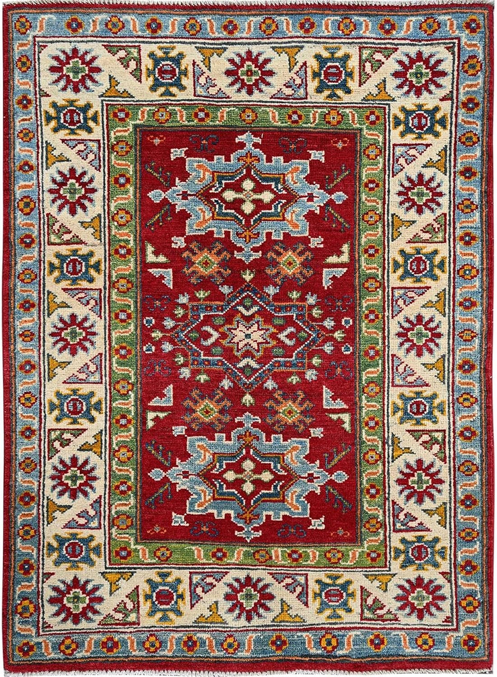 Hand Knotted Kazak Oriental Rug, Crimson Red, Wool, Geometric Medallion Design, Natural Dyes, 3' x 4'