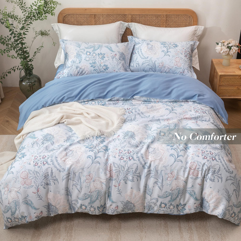 Blue Paisley Floral Duvet Cover Set 3pcs for All Season Queen