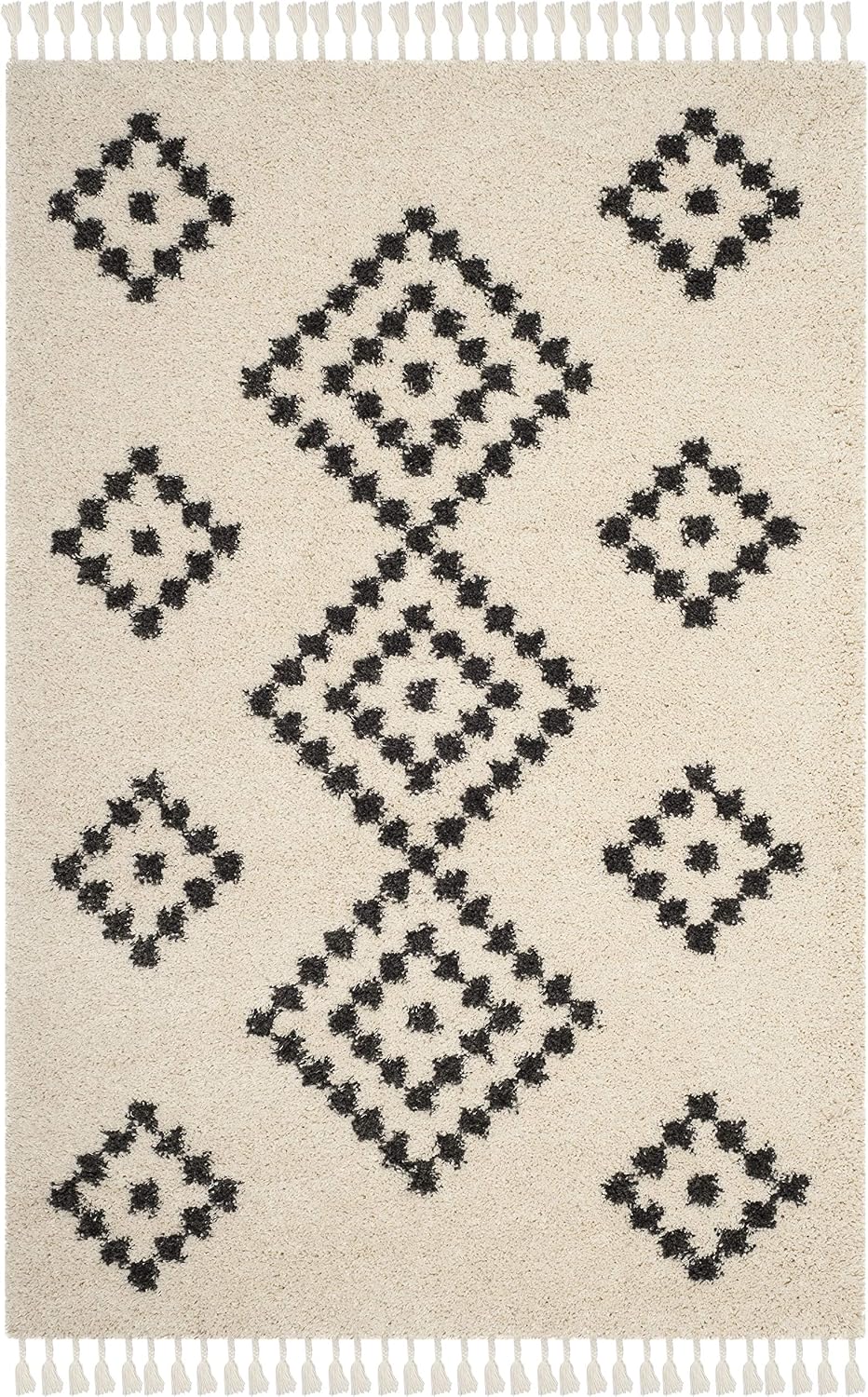 Moroccan Fringe Shag Collection Area Rug, Cream & Charcoal, Boho Tribal, Non-Shedding & Easy Care