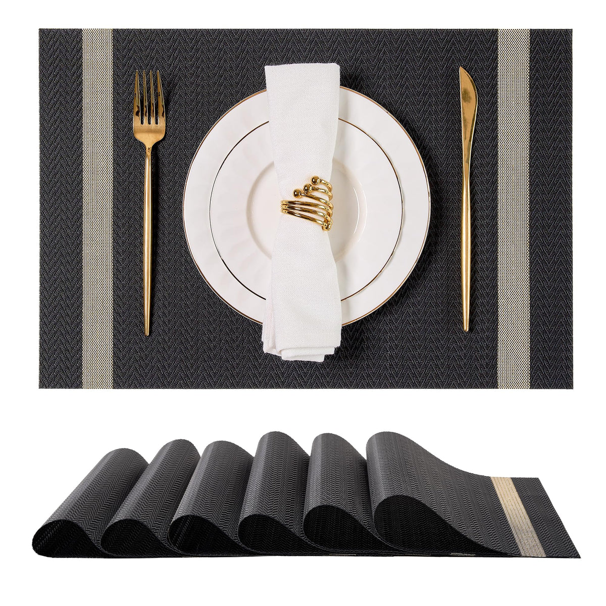 Woven Vinyl Placemats Set of 6,Black Striped