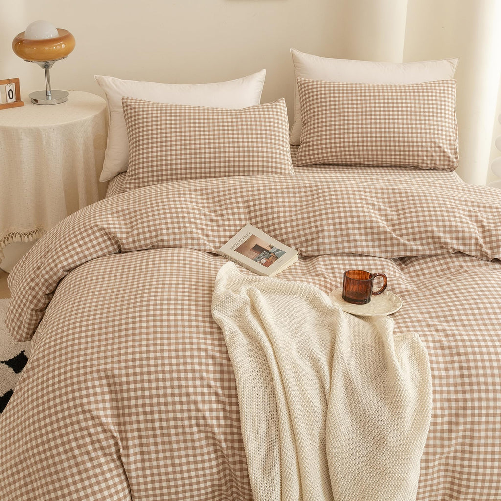 Cotton 3 Pcs Duvet Cover Set Linen Feel Beige Gingham King