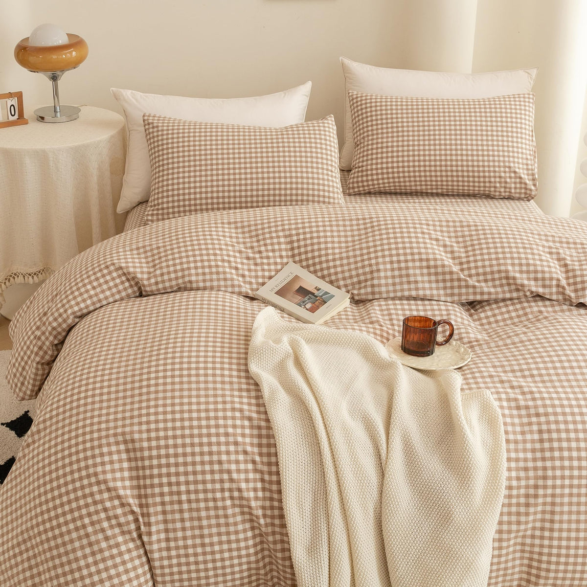 Cotton 3 Pcs Duvet Cover Set Linen Feel Beige Gingham King