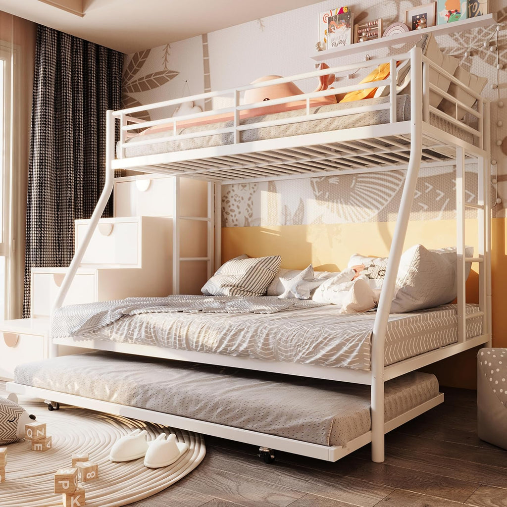Twin Over Full Bunk Beds with Trundle, Heavy Duty Metal Triple Bunk Bed Frame