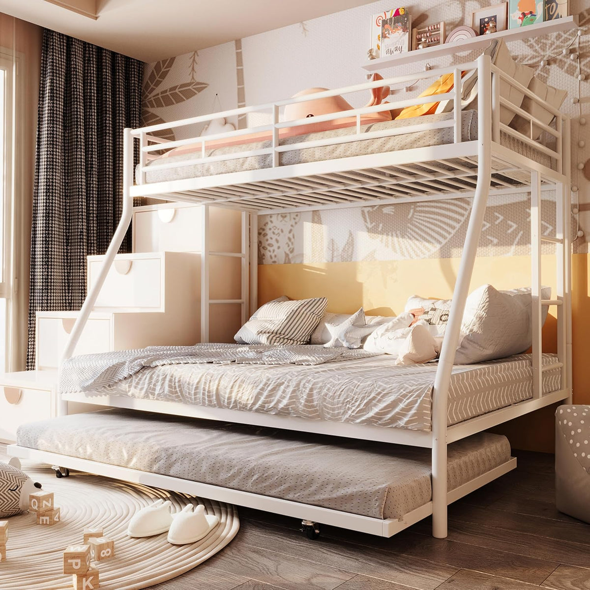 Twin Over Full Bunk Beds with Trundle, Heavy Duty Metal Triple Bunk Bed Frame