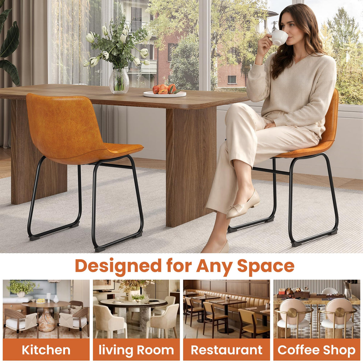 Dining Chairs Set of 6, 18" PU Leather Dinner Chairs, Brown