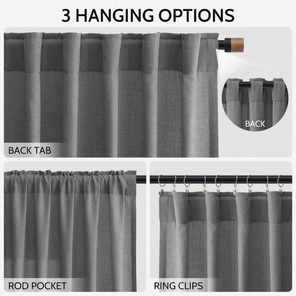 Blazer Grey Linen Curtains 72 Inch Long Bedroom Lightweight Door Drapes 2 Panels Set, Semi Sheer Light Filtering Back