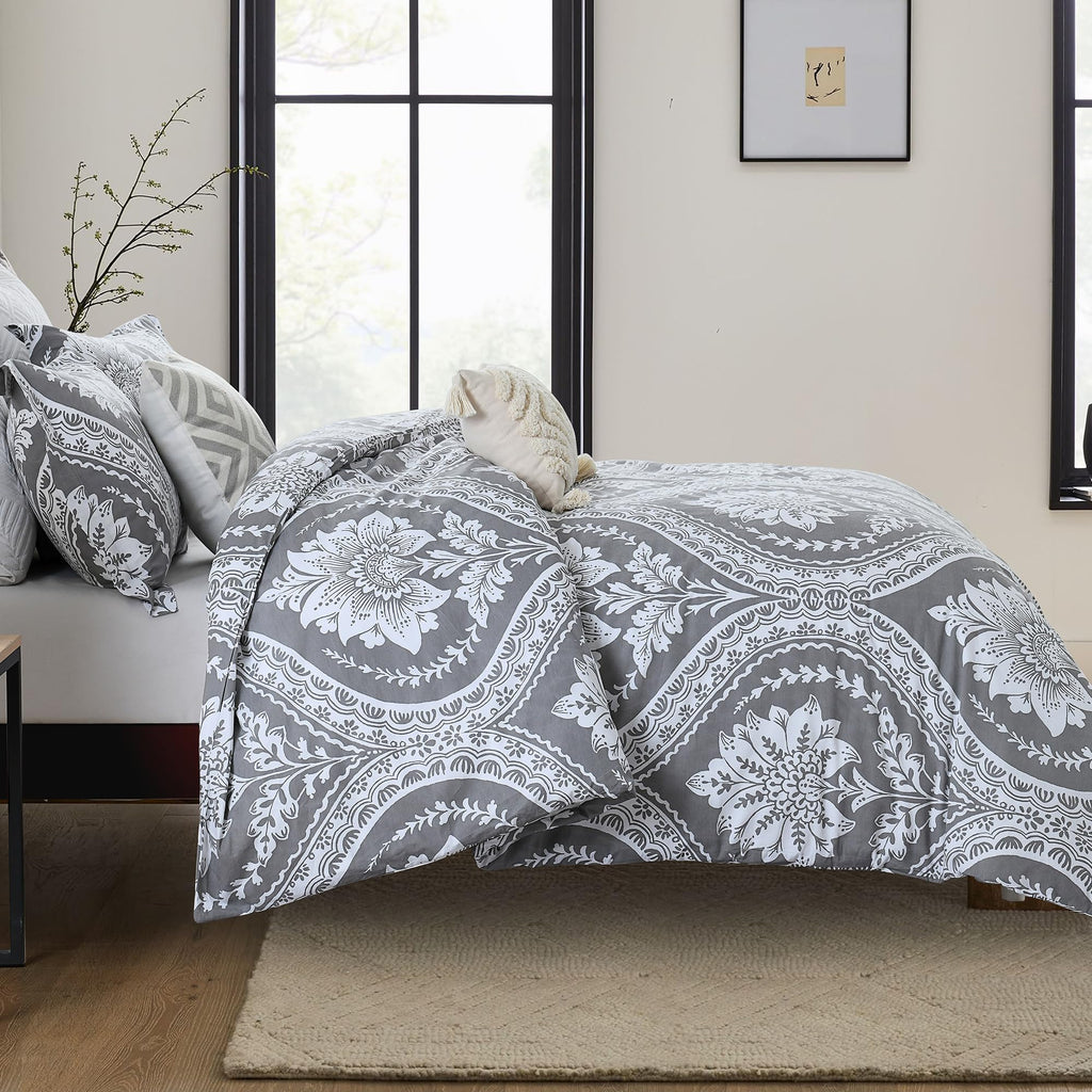 Damask Duvet Cover Set, Gray White, 100% Cotton, 90"x90"