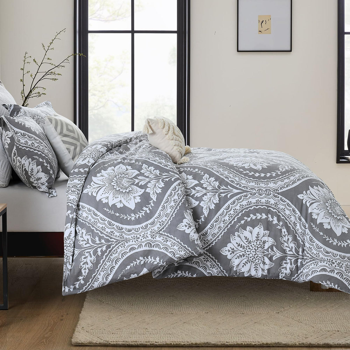 Damask Duvet Cover Set, Gray White, 100% Cotton, 90"x90"